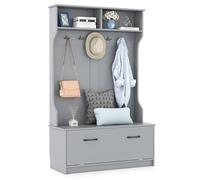 HOMASIS Appendiabiti da Terra con Scarpiera, Appendiabiti Aperti con Panca, 2 Scomparti e 5 Ganci Doppi, Guardaroba Ingresso, Guardaroba per Camera da Letto, Soggiorno, 100 x 40 x 160 cm (Grigio)