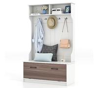 HOMASIS Appendiabiti da Terra con Scarpiera, Appendiabiti Aperti con Panca, 2 Scomparti e 5 Ganci Doppi, Guardaroba Ingresso, Guardaroba per Camera da Letto, Soggiorno, 100 x 40 x 160 cm (Bianco)