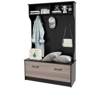 HOMASIS Appendiabiti da Terra con Scarpiera, Appendiabiti Aperti con Panca, 2 Scomparti e 5 Ganci Doppi, Guardaroba Ingresso, Guardaroba per Camera da Letto, Soggiorno, 100 x 40 x 160 cm (Nero)