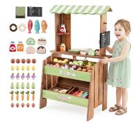 HOMASIS Bancarella del Mercato, Bancarella in Legno con 6 Scomparti, 2 Contenitori Rimovibili, Accessori Vari e Tetto a Righe, Gioco Ruolo, Negozio di Giocattoli per Bambini 3+ Anni, 50 x 33 x 91 cm