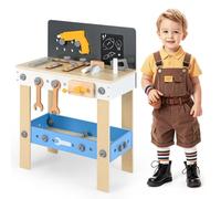 HOMASIS Banco da Lavoro per Bambini in Legno, Banchetto da Lavoro con 50 Accessori, Lavagna, Piano di Lavoro, Ripiano Inferiore, Tavolo Banco Attrezzi Bambino dai 3+ Anni, 51 x 28 x 72 cm