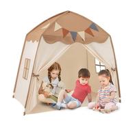 HOMASIS Capanna per Bambini da 3 a 12 anni, Tenda per Bambini con Bandierine e Lucine da Interno ed Esterno, Casetta da Gioco con Finestre da Cameretta, 157 x 98 x 148 cm (Marrone)