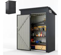 HOMASIS Capanno da Giardino in Metallo con Tetto a Falda e 2 Finestre, Casetta da Esterno con 2 Paia di Guanti, Ripostiglio da Giardino Resistente alle Intemperie, 150 x 90,5 x 185 cm (Grigio scuro)