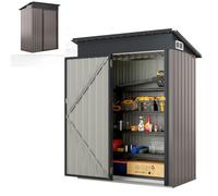 HOMASIS Capanno da Giardino in Metallo con Tetto a Falda e 2 Finestre, Casetta da Esterno con 2 Paia di Guanti, Ripostiglio da Giardino Resistente alle Intemperie, 150 x 90,5 x 185 cm (Grigio caldo)