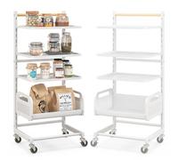 HOMASIS Carrello Portaoggetti con 3 Ripiani e un Cestino, Carrello con Ruote Portatutto Cucina, Carrellino Salvaspazio e Regolabile in Ferro e Legno, Portata 20kg, 35,5 x 29 x 84,5 cm, Bianco