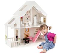 HOMASIS Casa delle Bambole a 2 Ripiani, Villa da Sogno in Legno con Accessori per Mobili, Giocattolo Educativo per Bambini da 3+ Anni, 81 x 30 x 86 cm