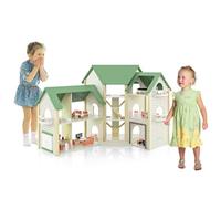 HOMASIS Casa delle Bambole in Legno per Bambini con Scale e Balconi Integrati, Casa delle Bambole d'Angolo con Tetto Verde 36 Mobili e Accessori, Casa da Gioco per Bambini 3+ Anni