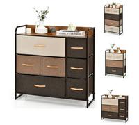 HOMASIS Cassettiera Camera da Letto con 7 Cassetti Pieghevoli, Comò in Tessuto con Ripiano in Legno, Struttura in Ferro, Settimino Multicolore per Salotto, Marrone, 80 x 29 x 79 cm