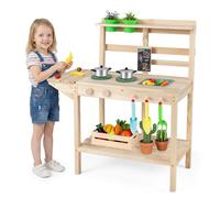 HOMASIS Cucina da Esterno per Bambini in Legno con 2 Piani Cottura | Set da Gioco Realistico con 2 Vasi di Fiori, Lavagna, Piano Laterale, Ripiano Inferiore e Ganci, per Bambini 3+ Anni