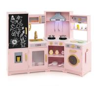 HOMASIS Cucina Giocattolo con Luci e Suoni, Cucina per Bambini in Legno con Macchina del Ghiaccio, Lavello, Forno, Piano Cottura, Lavatrice e Accessori, per Bambini da 3+ Anni (Rosa)