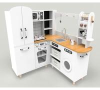 HOMASIS Cucina Giocattolo in Legno ad Angolo, Cucina per Bambini con Luci e Suoni, Cucinetta Simulata con Macchina del Caffè, Forno, Frigorifero, per Bambini dai 3+ Anni (Grigio)