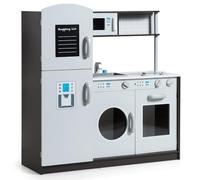 HOMASIS Cucina Giocattolo in Legno, Cucina per Bambini con Lavello e Rubinetto, Suoni di Clic, Forno e Microonde, Set di Cucina con Accessori Vari per Bambini dai 3 agli 8 Anni, 81x27,5x84cm, Grigio