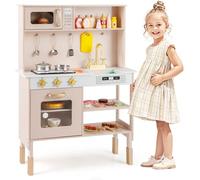 HOMASIS Cucina Giocattolo in Legno per Bambini con Luce e Suoni, Cucina da Gioco con 19 Accessori, Lavello, Fornello, Forno, Microonde, Cucinetta con Altezza Regolabile per Bambini da 3+ Anni