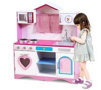 HOMASIS Cucina Legno per Bambini Rosa, Con Lavandino, Forno e Microonde, Giocattolo Educativo da 3+ Anni, Cuore Rosa