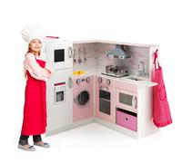 HOMASIS Cucina per Bambini in Legno ad Angolo Con Luci e Suoni, Cucinetta Con Lavello, Piano Cottura, Forno, Microonde, Lavagna - per Bambini dai 3 Anni in Su, Rosa