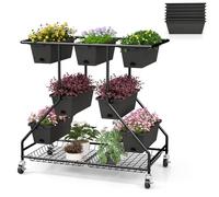 HOMASIS Fioriera a 4 Livelli con Ruote, 7 Vasi per Piante da Esterno con Griglia in Metallo, Orto Rialzato da Esterno con Fori di Drenaggio, Vaso per Fiori, Verdure, Frutti, Erbe, Nero