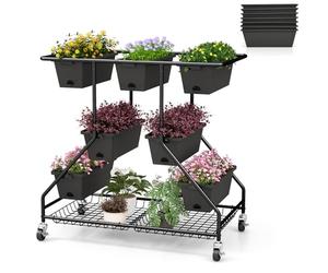 HOMASIS Fioriera a 4 Livelli con Ruote, 7 Vasi per Piante da Esterno con Griglia in Metallo, Orto Rialzato da Esterno con Fori di Drenaggio, Vaso per Fiori, Verdure, Frutti, Erbe, Nero