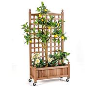 HOMASIS Fioriera Rialzata con Grigliato in Legno, Fioriera con Spalliera con Fori di Drenaggio, Vaso Rettangolare per Piante Rampicanti, Verdure, Erbe (64 x 28 x 127 cm, con Ruote)