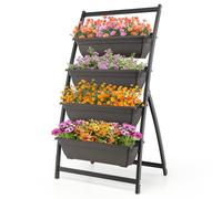 HOMASIS Fioriera Verticale da Esterno a 4 Vasi, Orto Rialzato con Gradini e Struttura in Metallo, Scaffale Scala Leggera per Fiori, Erbe, Verdure (Nero e Marrone, 66 x 50,5 x 124 cm)