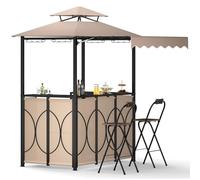 HOMASIS Gazebo per Barbecue con Banco da Bar e 2 Sgabelli, Gazebo Esterno Resistente con Doppio Tetto, Pergolato Resistente alla Pioggia e al Fuoco (Marrone, con tenda laterale, 193 x 117 x 240 cm)