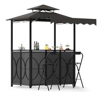 HOMASIS Gazebo per Barbecue con Banco da Bar e 2 Sgabelli, Gazebo Esterno Resistente con Doppio Tetto, Pergolato Resistente alla Pioggia e al Fuoco (Grigio, con tenda laterale, 193 x 117 x 240 cm)