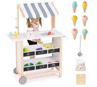 HOMASIS Gelato Truck per Bambini, Negozio di Giocattoli con 6 Gelati, Gelateria con Ruote e Tenda Regolabile, Carrello della Spesa in legno, Set di Bancarella Gioca per Bambini, 3+ Anni (Bianco)