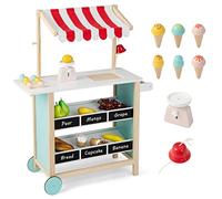 HOMASIS Gelato Truck per Bambini, Negozio di Giocattoli con 6 Gelati, Gelateria con Ruote e Tenda Regolabile, Carrello della Spesa in legno, Set di Bancarella Gioca per Bambini, 3+ Anni (Rosso)