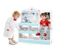 HOMASIS Kit Dottore Bambino in Legno, Kit Medico Bambini con Lavabo, Esame della Vista, Elettrocardiogramma, Orologio e Radiografia, Gioco Infermiere per Simulazione per Bambini da 3+ Anni (Blu)
