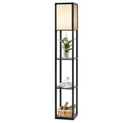 HOMASIS Lampada da Terra con 3 Ripiani in Legno, Piantana con Paralume e Portalampada E27 (non incluso) e 1 Presa Elettrica, Ideale per Soggiorno, Studio (26 x 26 x 160 cm)