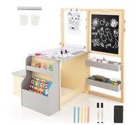 HOMASIS Lavagna per Bambini con Cavalletto Regolabile a Doppia, Set di Tavolo e Panca con Libreria, Cavalletto Pittura Bambini da Casa, Asilo Nido (Grigio)