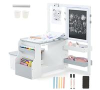 HOMASIS Lavagna per Bambini con Cavalletto Regolabile a Doppia, Set di Tavolo e Panca con Libreria, Cavalletto Pittura Bambini da Casa, Asilo Nido (Grigio+Bianco)