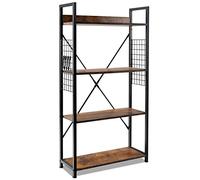 HOMASIS Libreria a 4 livelli, scaffale per ufficio con telaio in acciaio, scaffale con griglia e ganci, industriale per soggiorno, ufficio, marrone vintage