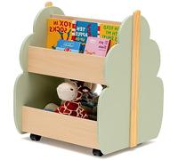 HOMASIS Libreria Montessoriana per Bambini con 2 Scomparti, Scaffale per Bambini in Legno con 4 Ruote, Cassapanca Portaoggetti per Camera dei Bambini, Sala Giochi e Asilo (Verde)