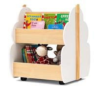 HOMASIS Libreria Montessoriana per Bambini con 2 Scomparti, Scaffale per Bambini in Legno con 4 Ruote, Cassapanca Portaoggetti per Camera dei Bambini, Sala Giochi e Asilo (Bianco)