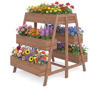 HOMASIS Orto Rialzato da Esterno a 3 Livelli in Legno, Scaffale a Scala per Piante con Vasi da Fiori, Fioriera con Filtro per Vaso Nero per Terrazza, Balcone e Giardino, 90 x 126 x 115 cm, Naturale