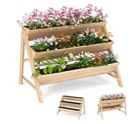 HOMASIS Orto Rialzato da Esterno a 3 Livelli, Letto da Giardino in Legno con 3 Vasi e 2 Ganci, Fioriera a Scala per Terrazza, Balcone, 117 x 74 x 80 cm, Naturale