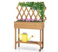 HOMASIS Orto Rialzato da Esterno con Ripiano, Fioriera Rialzata con Grigliato in Legno Massello, Fioriera con Spalliera con Ruote per Balcone, Giardino, Cortile, 90 x 29 x 129 cm, Naturale