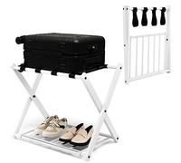 HOMASIS Portavaligie Pieghevole, Sgabelli Reggivaligia in Metallo, Supporto per Valigie e Borsoni con Mensola, Portascarpe, Porta Valigie da Camera Hotel, 68 x 43 x 56 (Bianco)