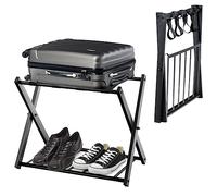 HOMASIS Portavaligie Pieghevole, Sgabelli Reggivaligia in Metallo, Supporto per Valigie e Borsoni con Mensola, Portascarpe, Porta Valigie da Camera Hotel, 68 x 43 x 56 (Nero)