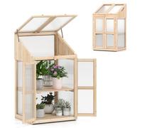 HOMASIS Serra da Balcone in PC Vetro, Miniserra da Giardino con 2 Ripiani e Porte, Serra da Terrazzo in Legno di Abete (Naturale, 69 x 58 x 121 cm)