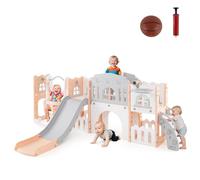 HOMASIS Set di 10 in 1 Parco Giochi Bambini Esterno con Scivolo, Altalena e Binocolo da Gioco, Palestra Montessoriana in HDPE per Bambini da 3+ Anni, 252 x 150 x 102 cm (Grigio + Rosa)