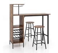 HOMASIS Set di tavolo da bar con 2 sgabelli da bar, tavolo da pranzo con supporti per calici da vino e ripiani per 6 bottiglie di vino, tavolo da bistro industriale per cucina, 120 x 40 x 121,5 cm