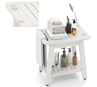 HOMASIS Sgabello Bagno in HIPS, Sgabello Doccia con Portasapone, Porta Asciugacapelli, Porta Asciugamani e 2 Ripiani, Sgabellino da Bagno Multiuso per Incinta e Disabili, Portata di 150 kg, Bianco