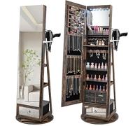 HOMASIS Specchio Portagioie con LED, Armadietto Portagioie con 3 Specchi, Portagioie da Terra con Serratura, Cassetti e Supporto per Asciugacapelli, 56 x 56 x 164 cm (Industriale)