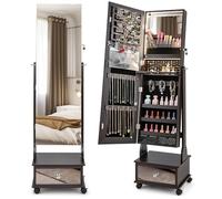 HOMASIS Specchio Portagioie da Terra con Luci a Led Regolabile, Specchiera Portagioie con Cassetto e Ruote a Freni, 3 Angoli, Porta gioie con Specchio a Figura Intera e Serratura (Marrone Sicuro)