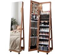 HOMASIS Specchio Portagioie da Terra Con Ruote, Armadietto Girevole Con Luci a LED di 3 Colori e Ripiani Regolabili, Specchiera Con Serratura, 40x38x163cm (Marrone)