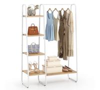 HOMASIS Stand Appendiabiti a 5 Livelli, Attaccapanni da Terra con Scarpiera in Legno, Strutture in Metallo, Organizzazione Guardaroba con Piedini Regolabili, 99,5 x 40 x 151 cm (Naturale)