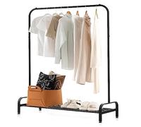 HOMASIS Stand Appendiabiti da Terra, Porta Abiti con Ripiano e 2 Ganci, Scaffale Portaoggetti Multifunzionale, Stender Salvaspazio per Camera da Letto, Negozio di Abbigliamento, 112 x 42 x 145cm, Nero