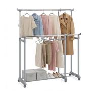 HOMASIS Stand Appendiabiti Estensibile, Doppio Attaccapanni con Ruote, Altezza e Larghezza Regolabili, con Barre Porta Vestiti Pesanti e Ripiano per Scarpe, per Lavanderia, Balcone, Camera da Letto