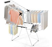 HOMASIS Stendibiancheria pieghevole a 2 ripiani, appendiabiti con ali, altezza fino a max. 176,5 cm, telaio in acciaio con clip asciugamani, stendibiancheria per vestiti, scarpe, coperte, bianco